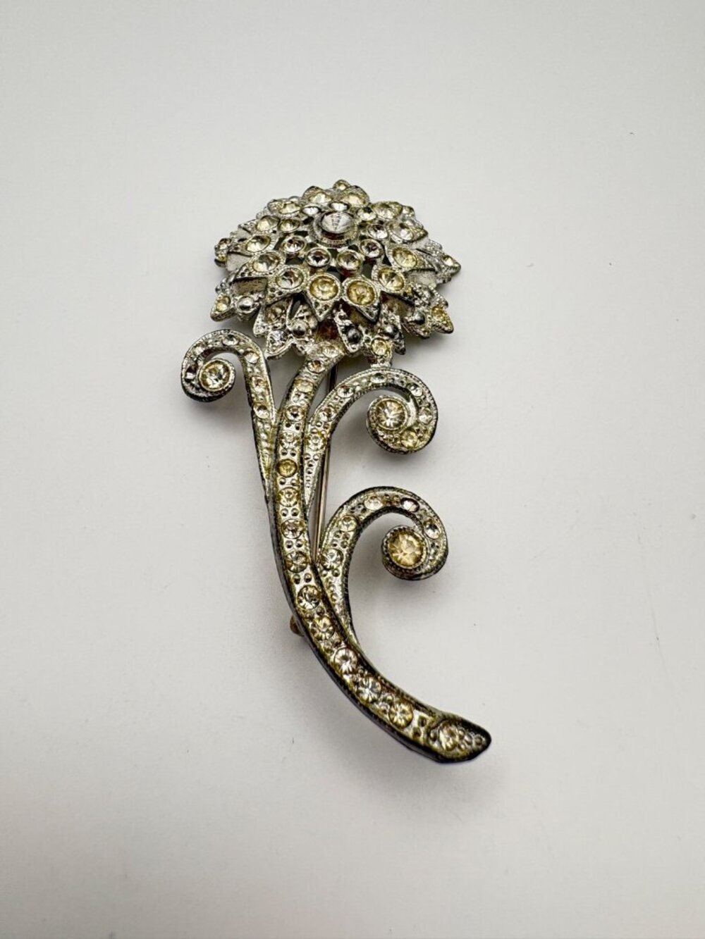 Vintage Rhinestone Flower Brooch Pin Silver Tone Floral Swirl Statement 3.75 in